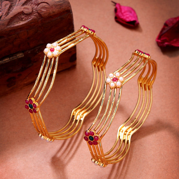 NVR Women's Set of 2 Gold-Polished Artificial Stones Traditional Bangles - Distacart