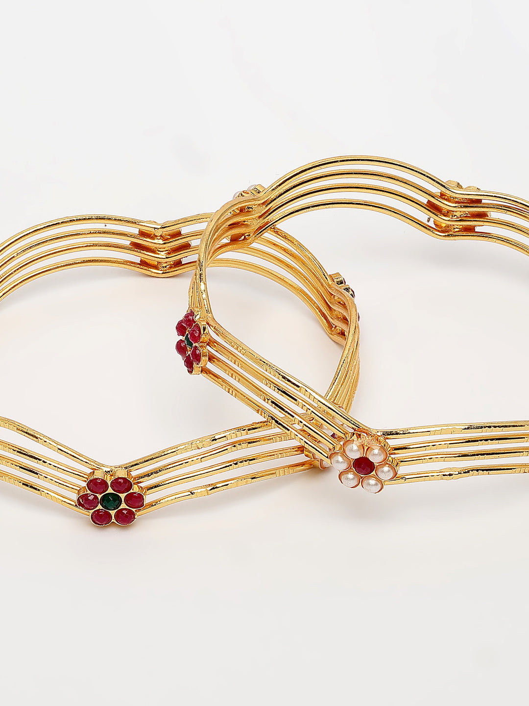 NVR Women's Set of 2 Gold-Polished Artificial Stones Traditional Bangles