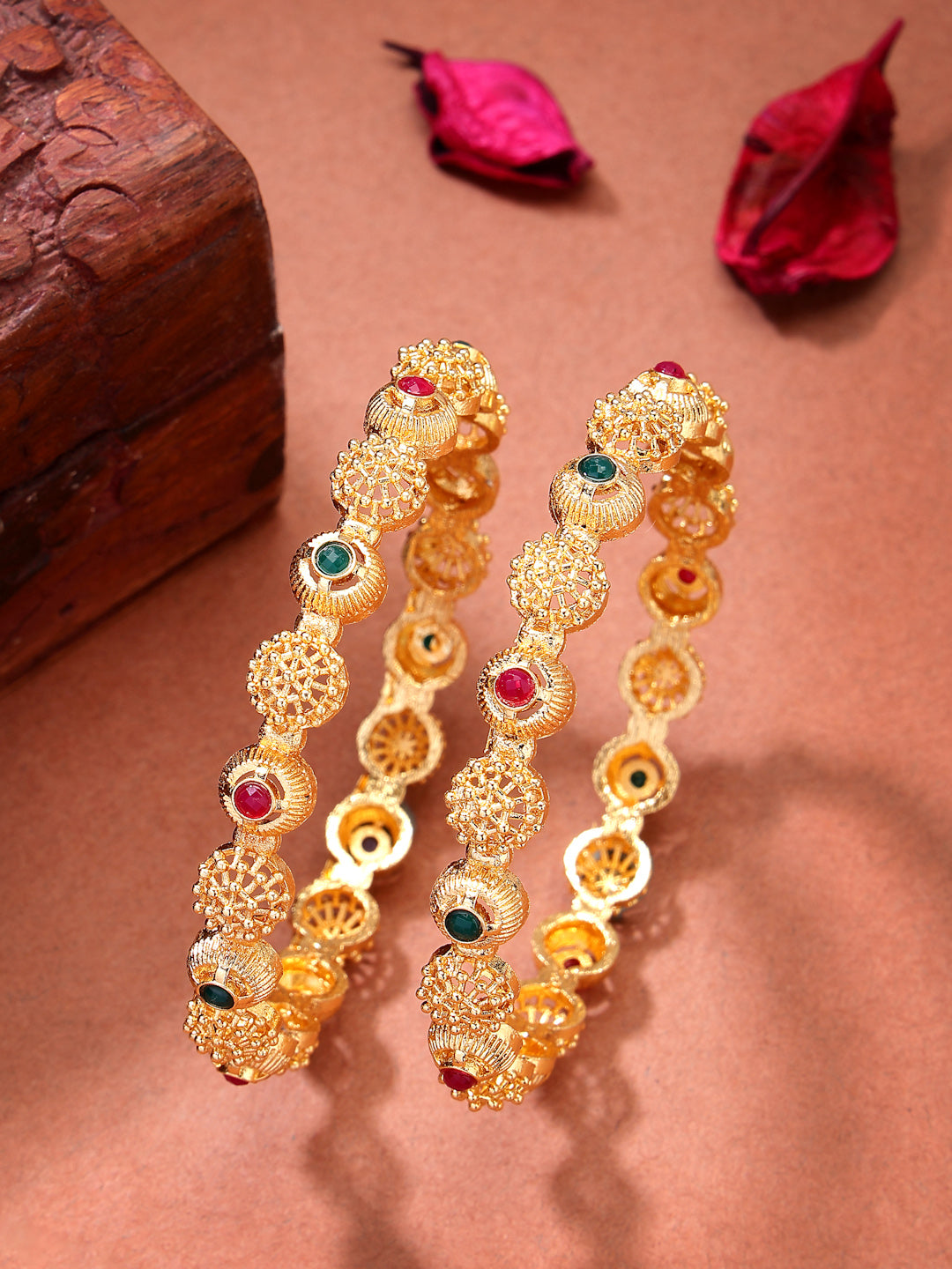 NVR Women's Set of 2 Gold-Polished Artificial Stones Traditional Bangles - Distacart