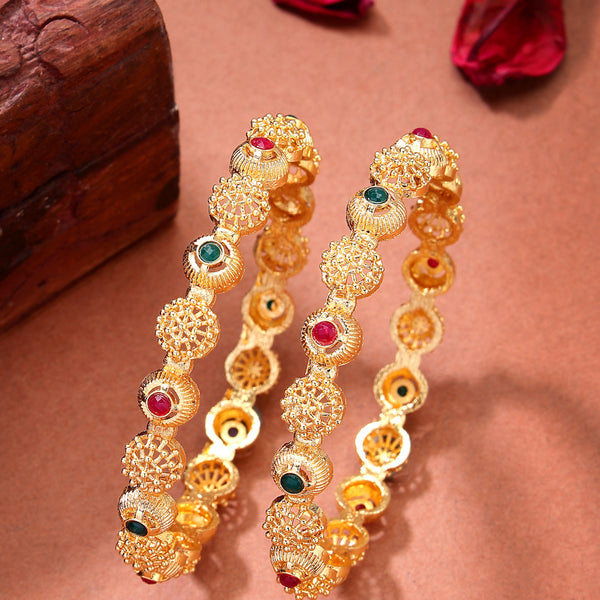 NVR Women's Set of 2 Gold-Polished Artificial Stones Traditional Bangles - Distacart