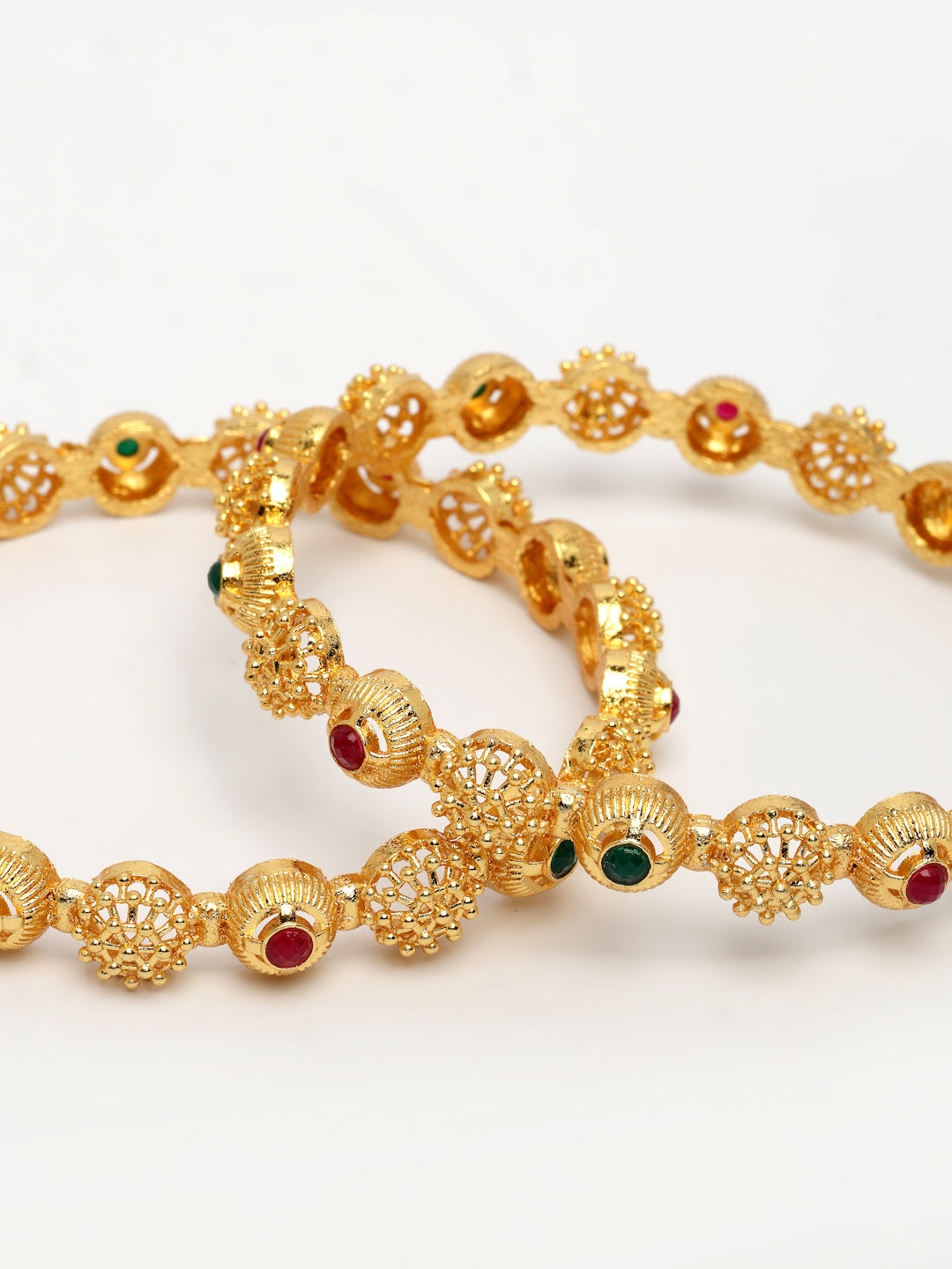 NVR Women's Set of 2 Gold-Polished Artificial Stones Traditional Bangles
