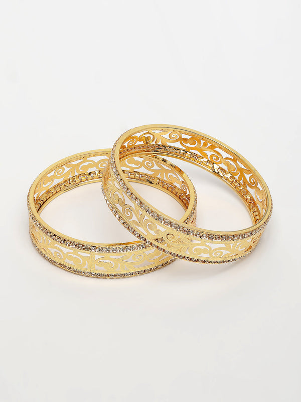 NVR Women's Set of 2 Gold-Polished Cubic Zirconia Stone Studded Kada Bangles