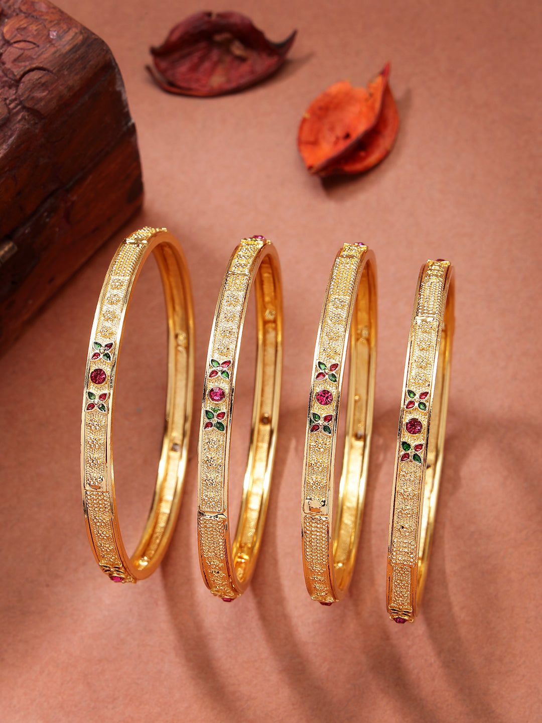 NVR Women's Set of 4 Gold-Polished Artificial Stones Traditional Bangles - Distacart