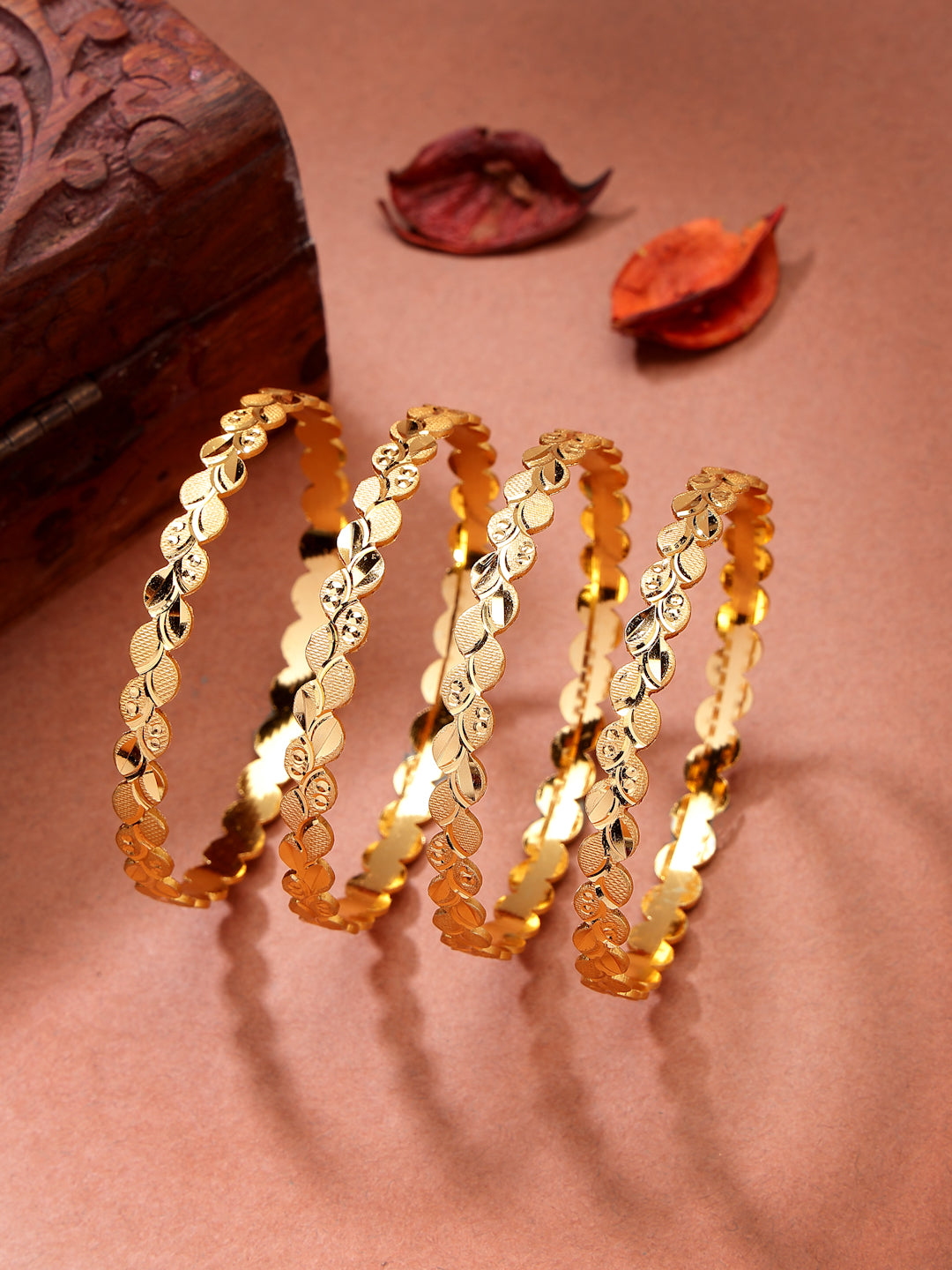 NVR Women's Set of 4 Gold-Polished Leaf Shaped Traditional Bangles - Distacart