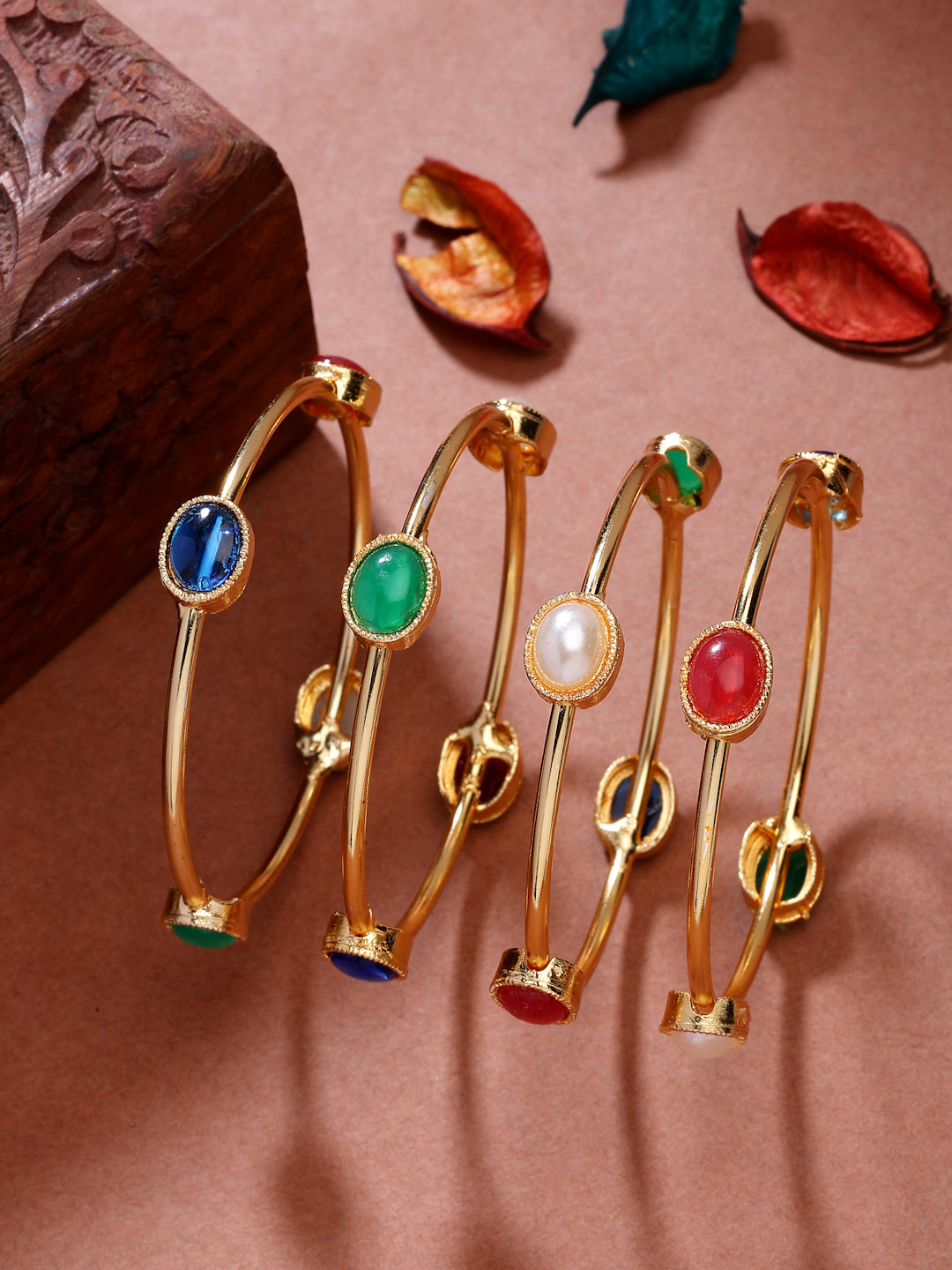 NVR Women's Set of 4 Gold-Polished Artificial Stone Studded Bangles - Distacart