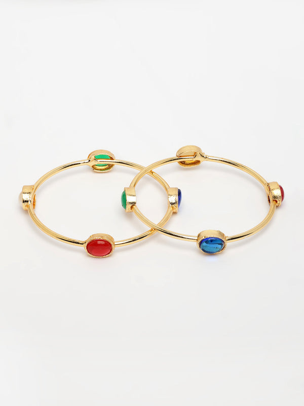 NVR Women's Set of 2 Gold-Polished Artificial Stone Studded Bangles