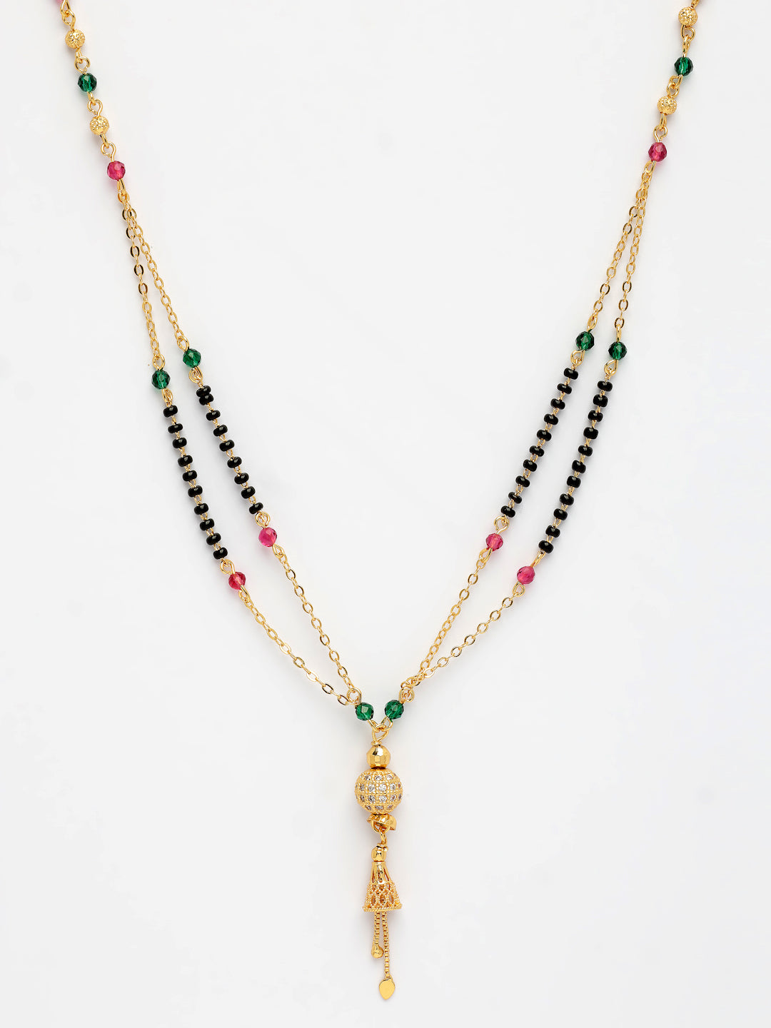 NVR Women's Gold-Polished Artificial Stones Studded & Beaded Mangalsutra