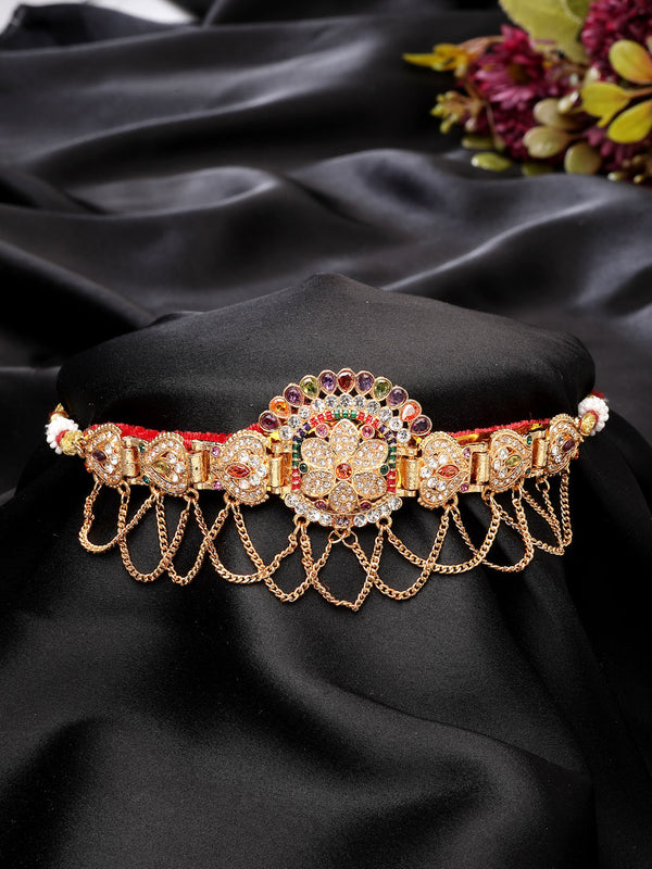 NVR Women's Gold-Polished Cubic Zirconia Stone Studded Rajputi Choker Necklace