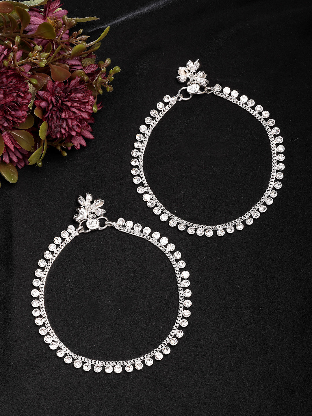 NVR Women's Set of 2 Silver-Plated Artificial Stone Studded Anklets - Distacart