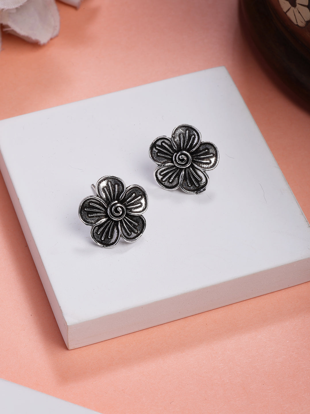 NVR Women Silver Plated Oxidized Floral Shape Stud Earrings - Distacart