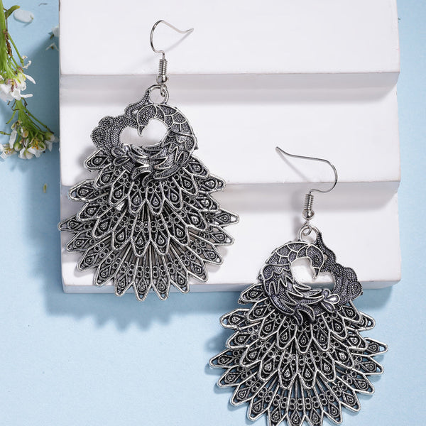 NVR Women's Silver Toned Oxidized Peacock Design Drop Earrings - Distacart