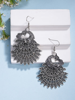 NVR Women's Silver Toned Oxidized Peacock Design Drop Earrings - Distacart
