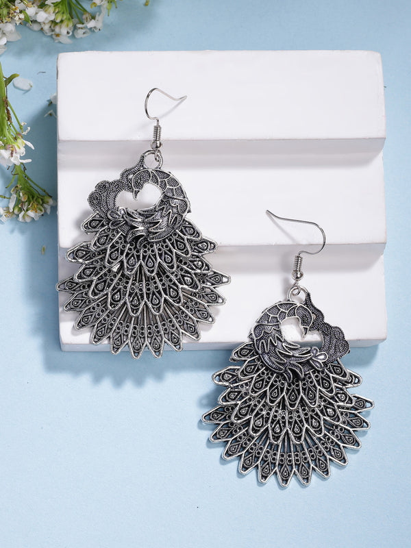 NVR Women's Silver Toned Oxidized Peacock Design Drop Earrings - Distacart