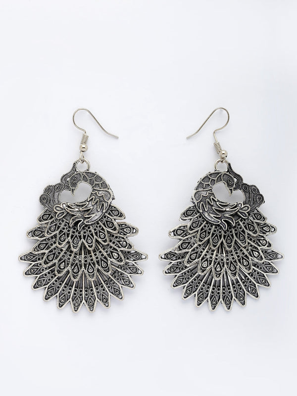 NVR Women's Silver Toned Oxidized Peacock Design Drop Earrings - Distacart