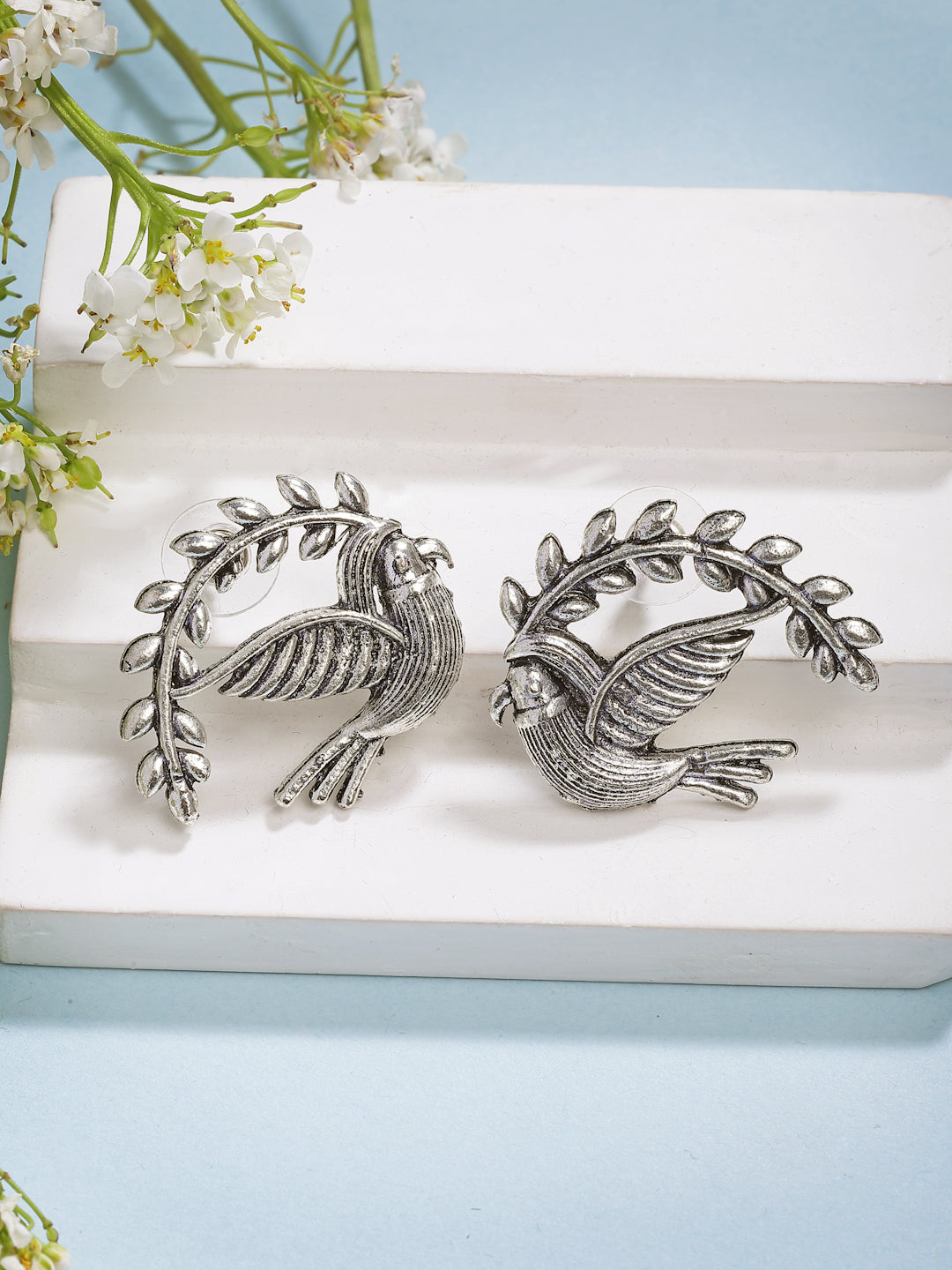 NVR Women Silver Toned Oxidized Pigeon Design Drop Earrings - Distacart