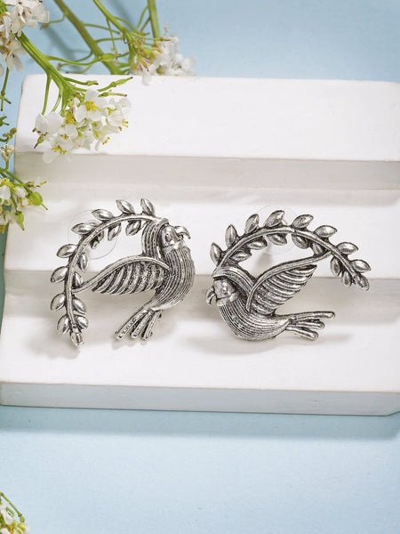 NVR Women Silver Toned Oxidized Pigeon Design Drop Earrings - Distacart