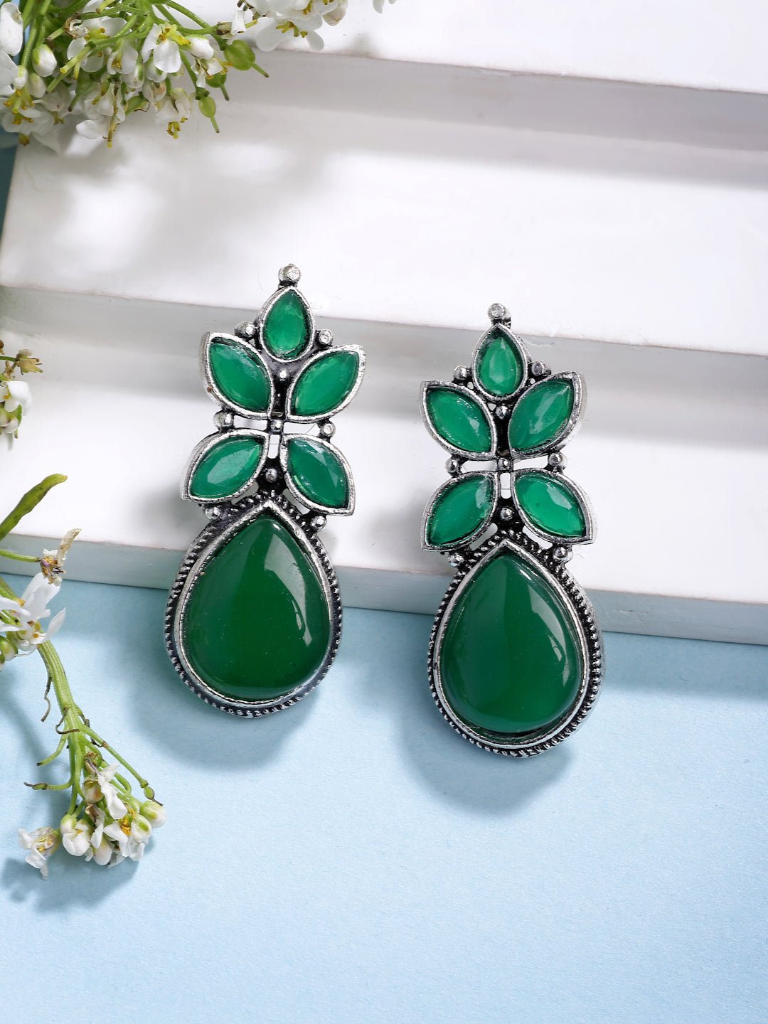 NVR Women Green Artificial Stones Silver Plated Drop Earrings - Distacart