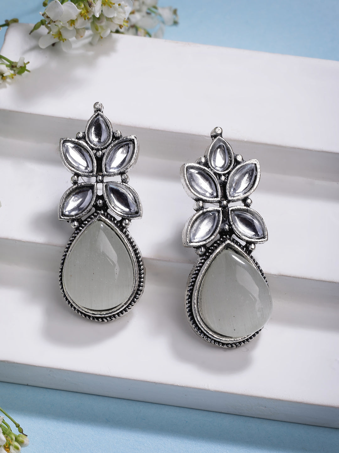NVR Women White Artificial Stones Silver Plated Drop Earrings - Distacart