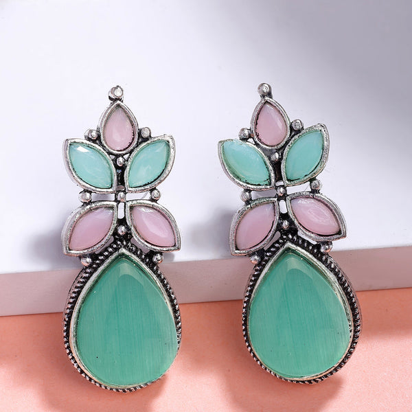 NVR Women Green & Pink Artificial Stones Silver Plated Drop Earrings - Distacart