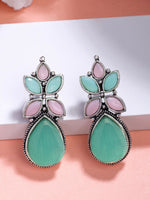 Thumbnail for NVR Women Green & Pink Artificial Stones Silver Plated Drop Earrings - Distacart