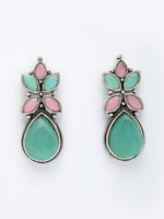 Thumbnail for NVR Women Green & Pink Artificial Stones Silver Plated Drop Earrings - Distacart