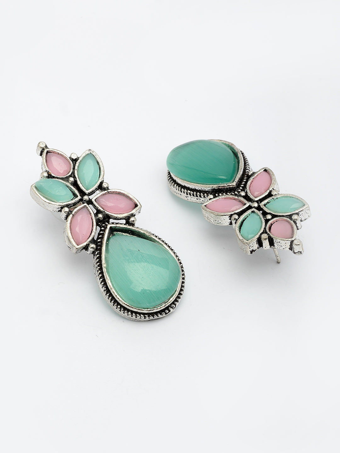 NVR Women Green & Pink Artificial Stones Silver Plated Drop Earrings - Distacart