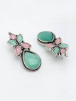 Thumbnail for NVR Women Green & Pink Artificial Stones Silver Plated Drop Earrings - Distacart