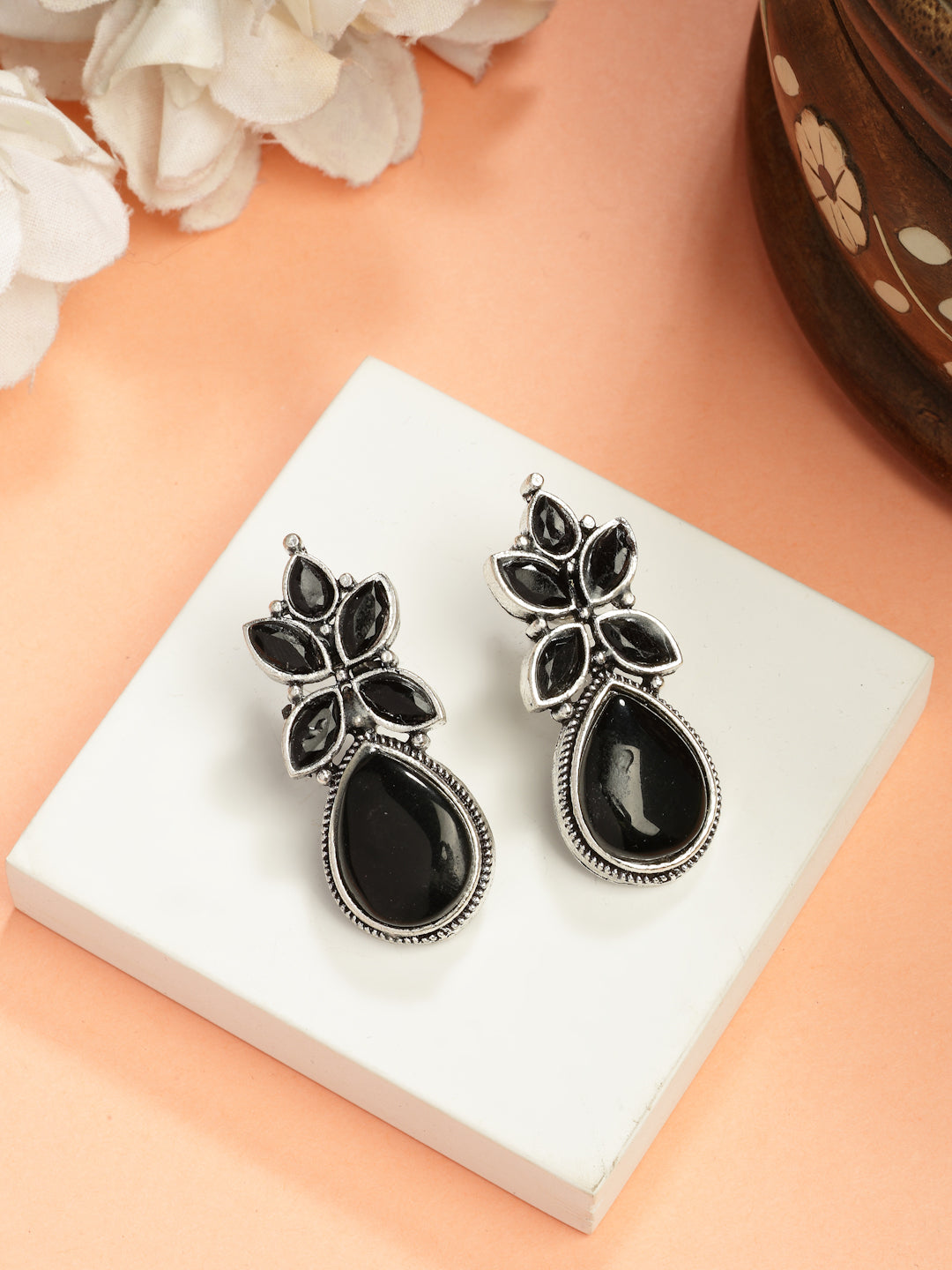 NVR Women Black Artificial Stones Silver Plated Drop Earrings - Distacart