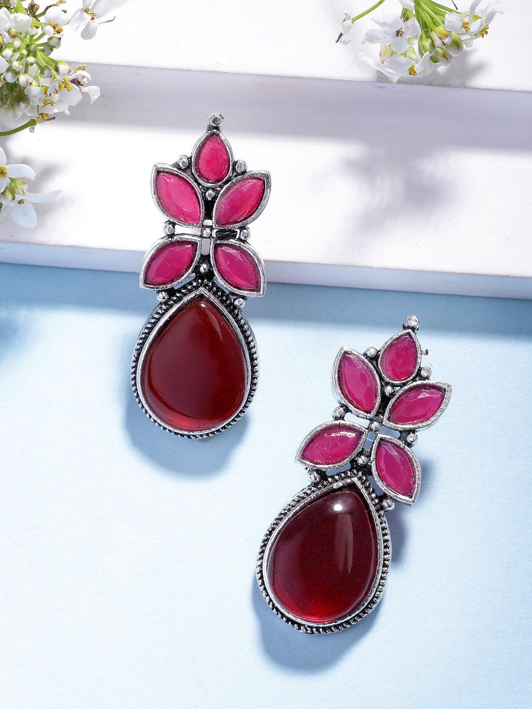 NVR Women Red Artificial Stones Silver Plated Drop Earrings - Distacart