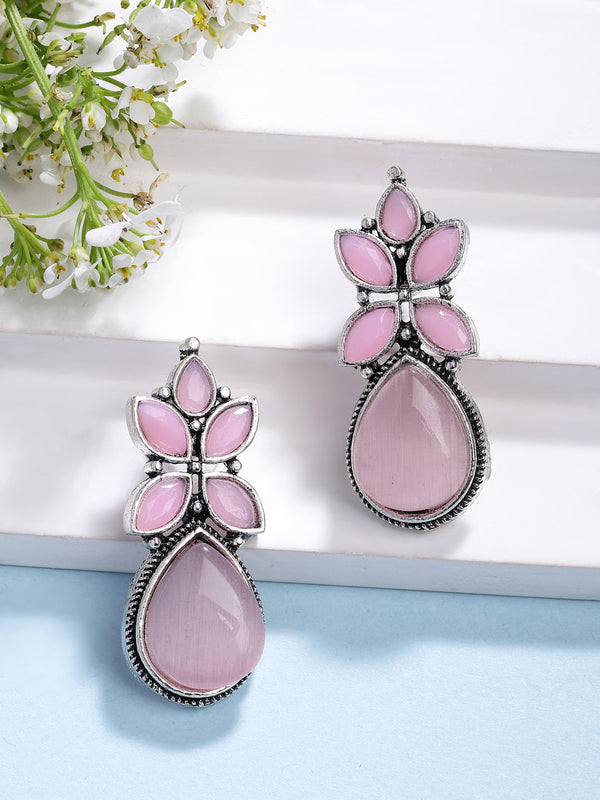 NVR Women Pink Artificial Stones Silver Plated Drop Earrings - Distacart