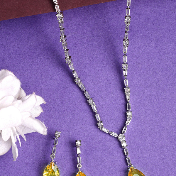 NVR Women's Silver-Plated Yellow American Diamond-Studded Handcrafted Jewellery Set - Distacart
