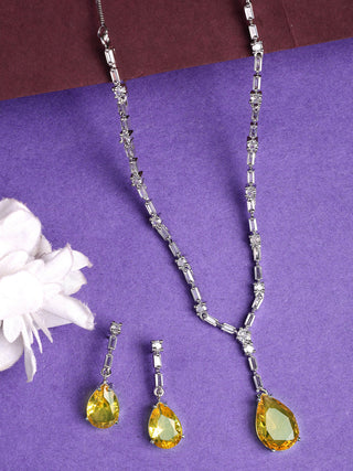 NVR Women's Silver-Plated Yellow American Diamond-Studded Handcrafted Jewellery Set - Distacart