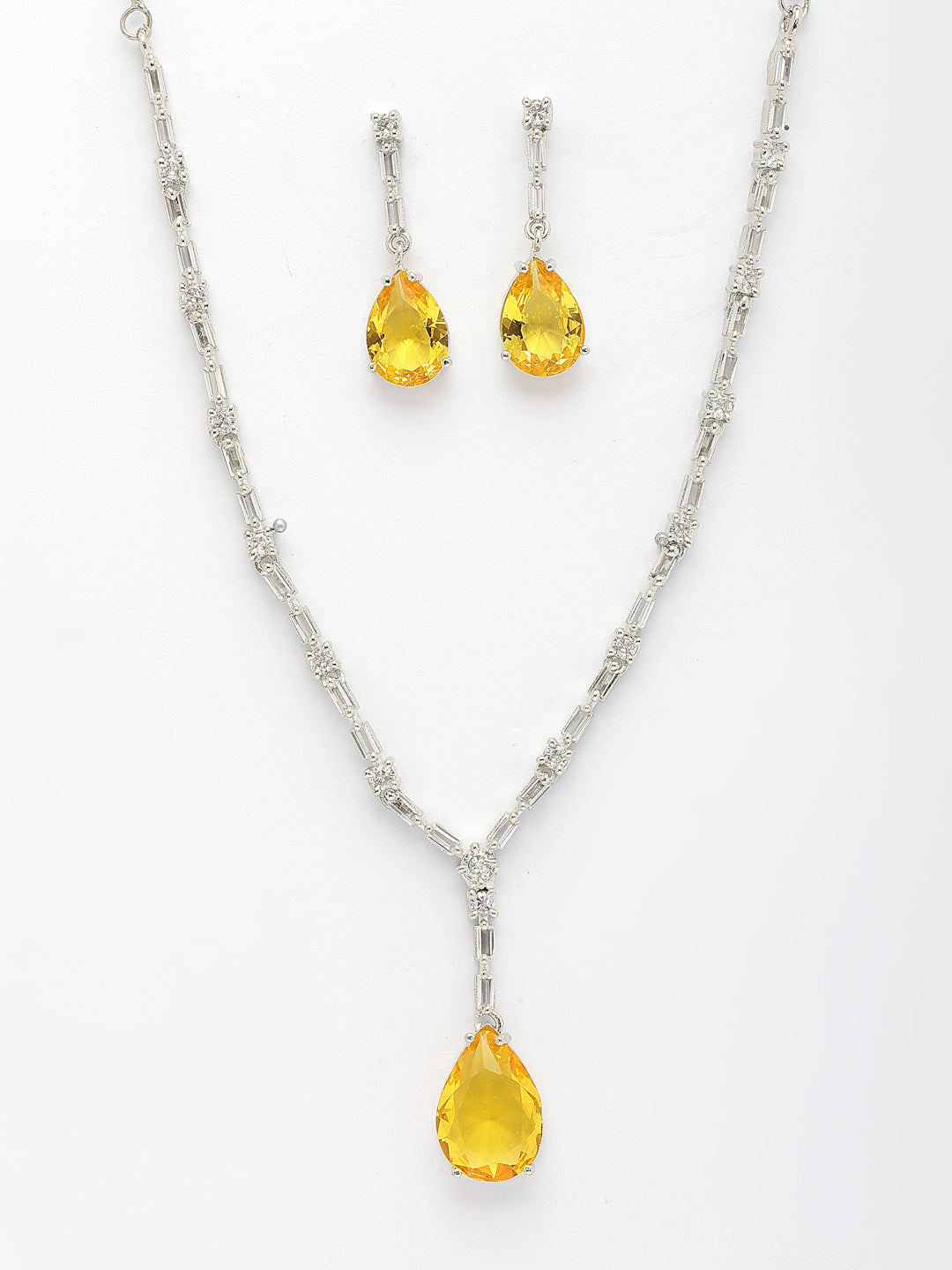 NVR Women's Silver-Plated Yellow American Diamond-Studded Handcrafted Jewellery Set - Distacart