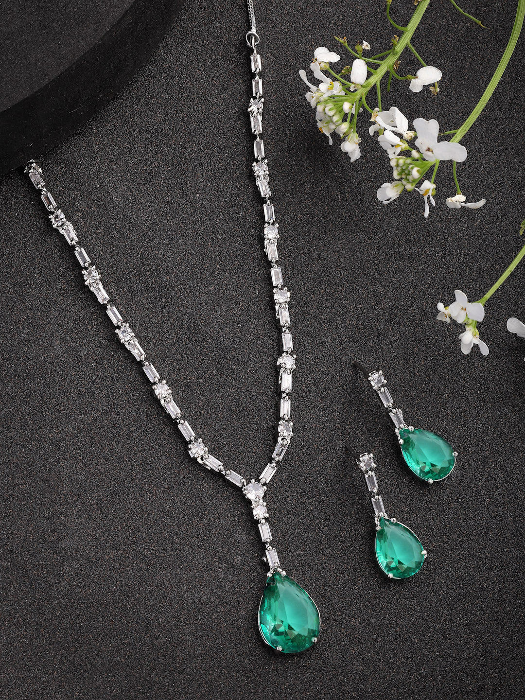 NVR Women's Silver-Plated Green American Diamond-Studded Handcrafted Jewellery Set - Distacart