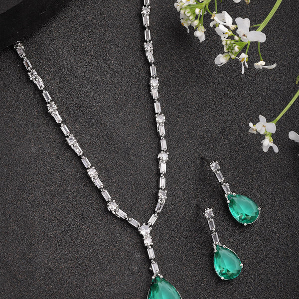 NVR Women's Silver-Plated Green American Diamond-Studded Handcrafted Jewellery Set - Distacart
