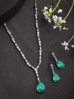 Thumbnail for NVR Women's Silver-Plated Green American Diamond-Studded Handcrafted Jewellery Set - Distacart
