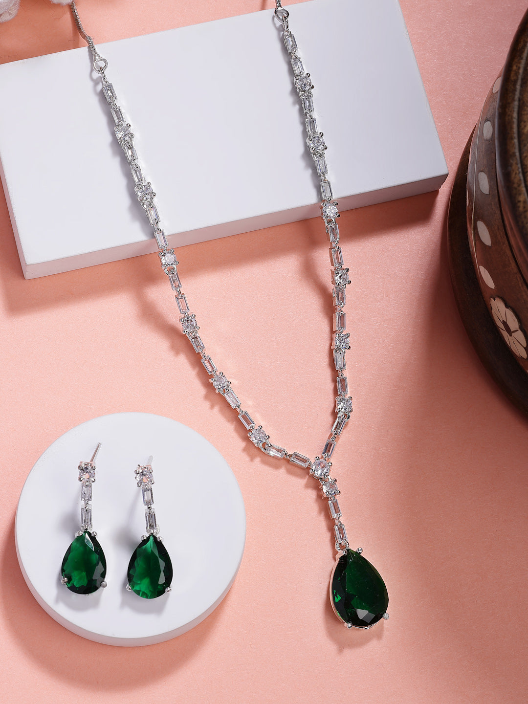 NVR Women's Silver-Plated Dark Green American Diamond-Studded Handcrafted Jewellery Set - Distacart