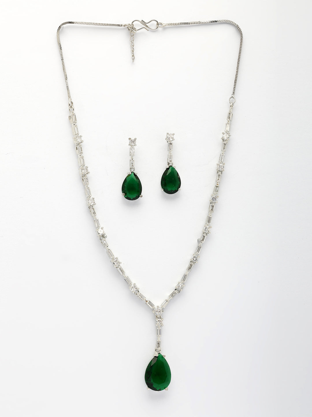 NVR Women's Silver-Plated Dark Green American Diamond-Studded Handcrafted Jewellery Set - Distacart
