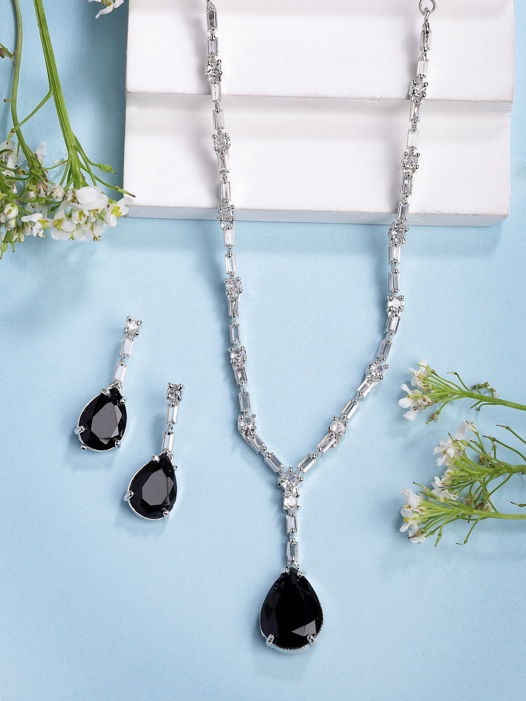 NVR Women's Silver-Plated Black American Diamond-Studded Handcrafted Jewellery Set - Distacart