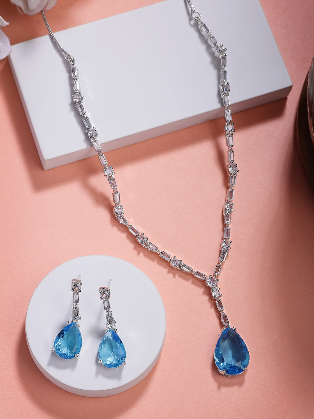 NVR Women's Silver-Plated Blue American Diamond-Studded Handcrafted Jewellery Set - Distacart