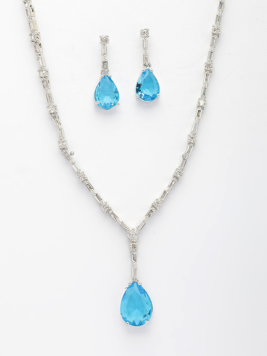 NVR Women's Silver-Plated Blue American Diamond-Studded Handcrafted Jewellery Set - Distacart