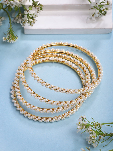NVR Women Set of 4 Gold-Polished Pearls Handcrafted Traditional Bangles
