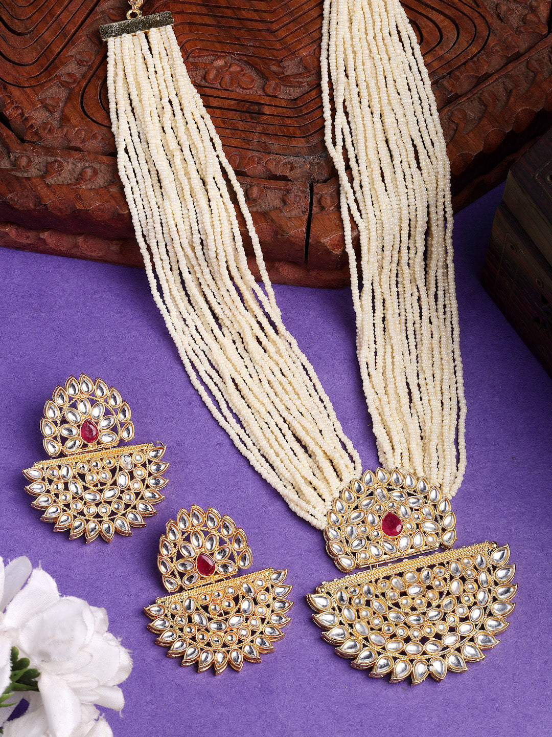 NVR Women's Gold Toned Red Stones & Kundan Studded Jewellery Set - Distacart