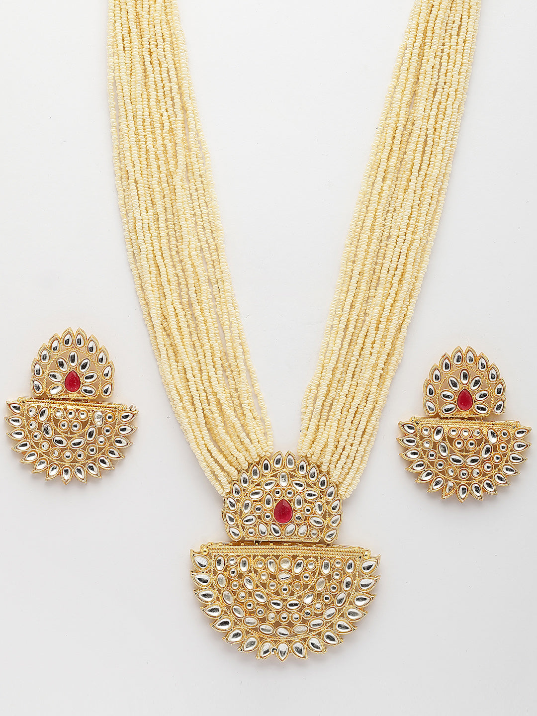 NVR Women's Gold Toned Red Stones & Kundan Studded Jewellery Set - Distacart