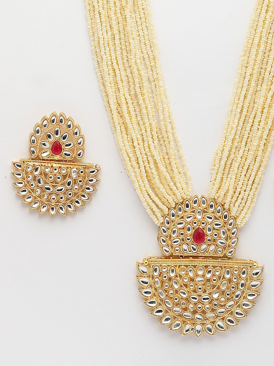 NVR Women's Gold Toned Red Stones & Kundan Studded Jewellery Set - Distacart