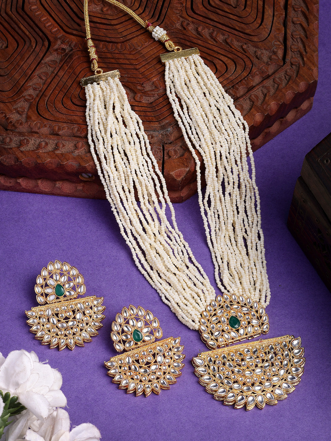 NVR Women's Gold Toned Green Stones & Kundan Studded Jewellery Set - Distacart
