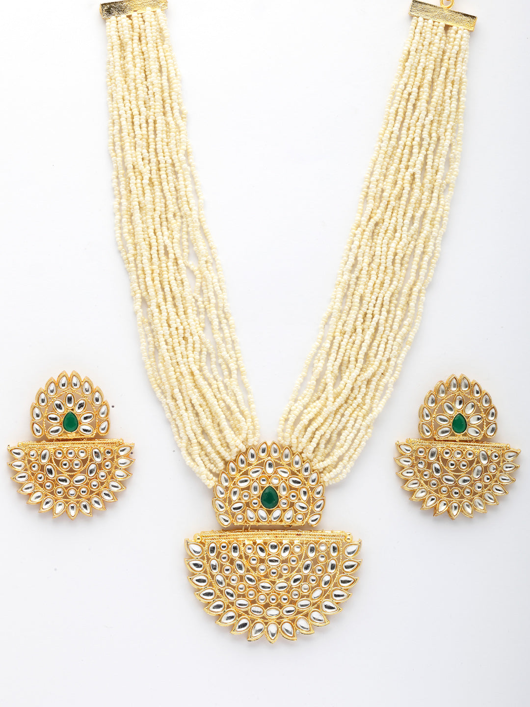 NVR Women's Gold Toned Green Stones & Kundan Studded Jewellery Set - Distacart
