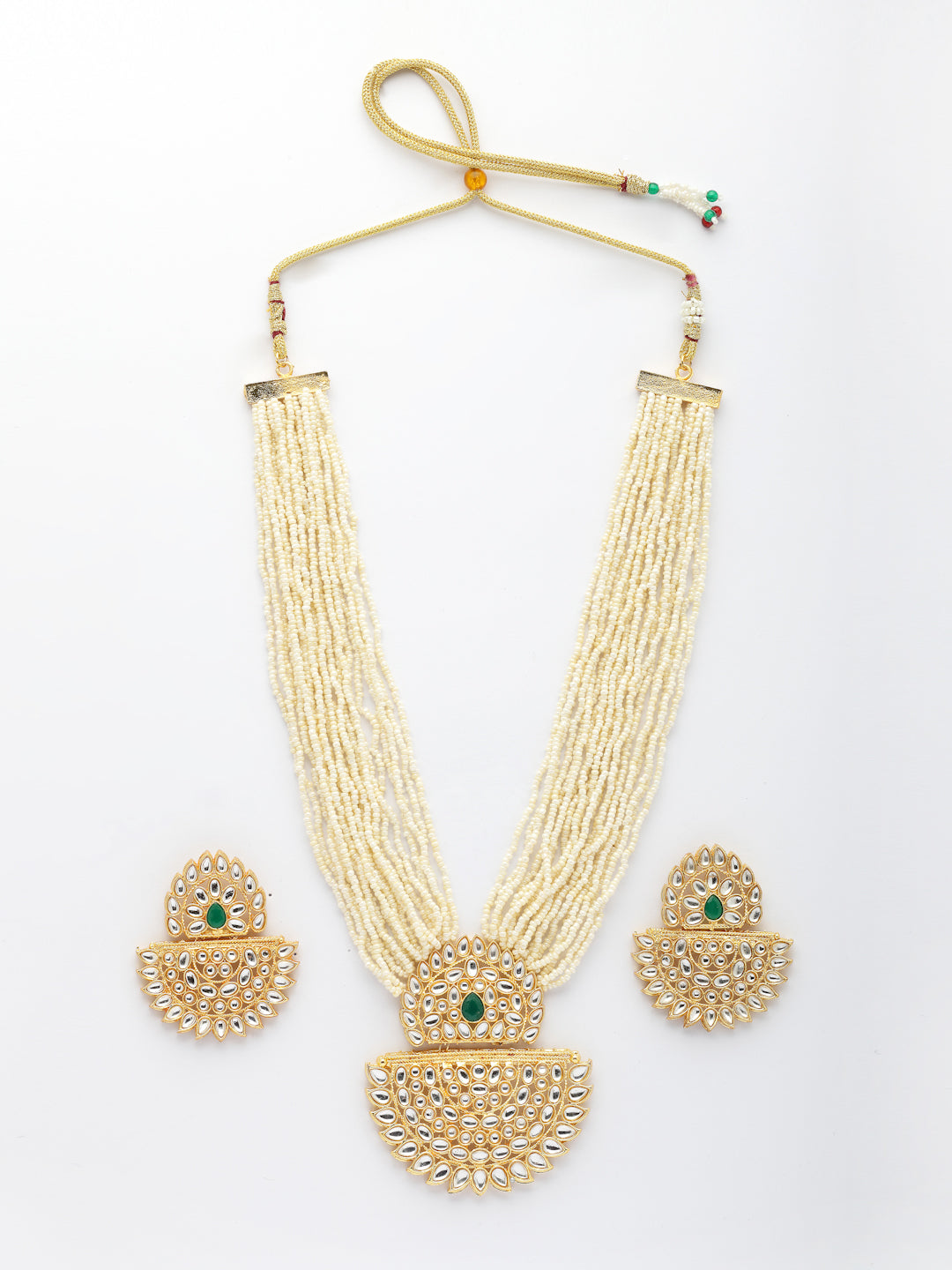 NVR Women's Gold Toned Green Stones & Kundan Studded Jewellery Set - Distacart