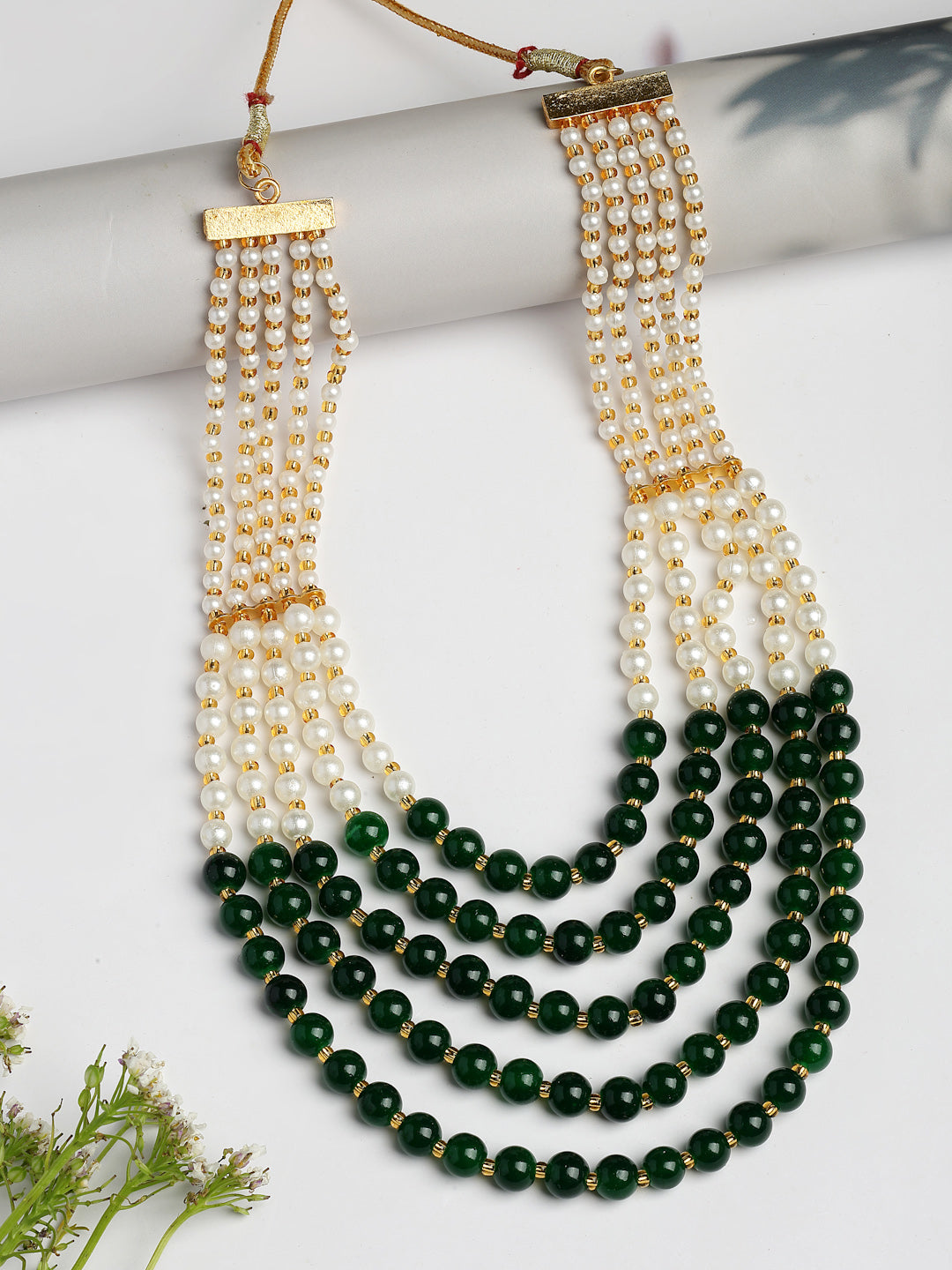 NVR Women Handcrafted Green & White Beaded Layered Necklace - Distacart