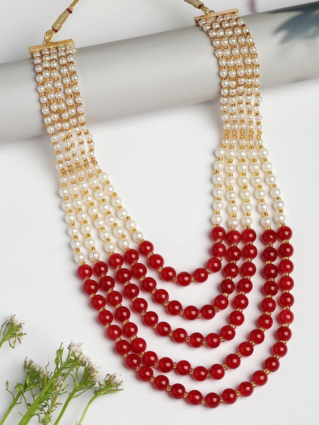 NVR Women Handcrafted Red & White Beaded Layered Necklace - Distacart